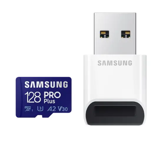 Card memorie Samsung PRO Plus + Cititor USB carduri micro-SDXC, MB-MD128KB/WW, 128GB, „MB-MD128KB/WW” (timbru verde 0.03 lei)