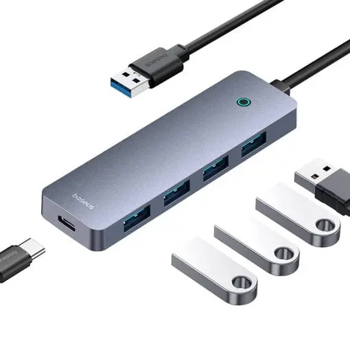 HUB extern Baseus UltraJoy 4 in 1, input USB, output USB Type-C, USB3.0 x 4, lungime cablu 100 cm, gri „B0005280B811-02” (timbru verde 0.18 lei) – 6932172653224