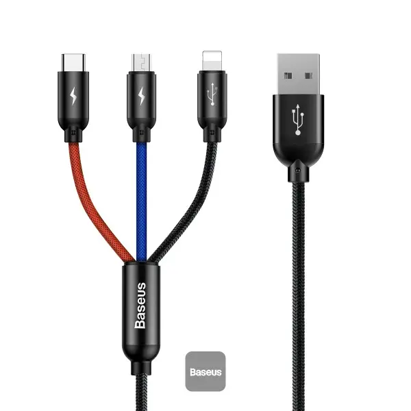 CABLU alimentare si date Baseus Three Primary Colors, pt. smartphone, USB la Micro-USB+Lightning+USB Type-C 3.5A, 1.2m, negru „CAMLT-BSY01” (timbru verde 0.18 lei) – 6953156273948