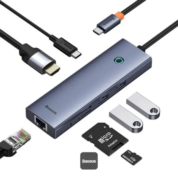 DOCKING STATION Baseus UltraJoy 7 in 1, input USB Type-C, output HDMI4K@60Hz x 1, USB3.0 x 2, PD x 1, card reader SD/micro SD x 1, RJ45 x 1, gri „B00052805813-00” (timbru verde 0.18 lei) – 6932172630744