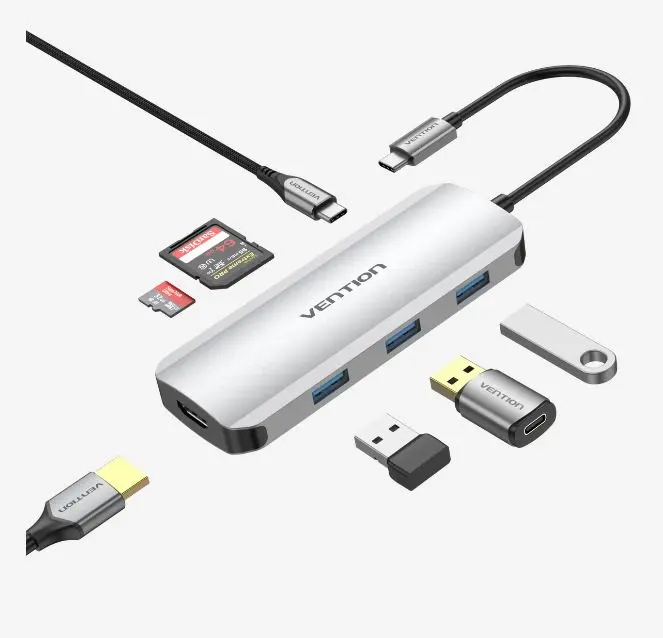 Docking Station Vention,HDMI(M), 3xUSB 3.2 gen1,PD 100W,SD/TF dual card slot,conec prin USB-C(T),transf 5 Gbps,aliaj Al si ABS,1 Gbit,4K/30Hz,argintiu „TOJHB” (timbru verde 0.18 lei)-6922794756816