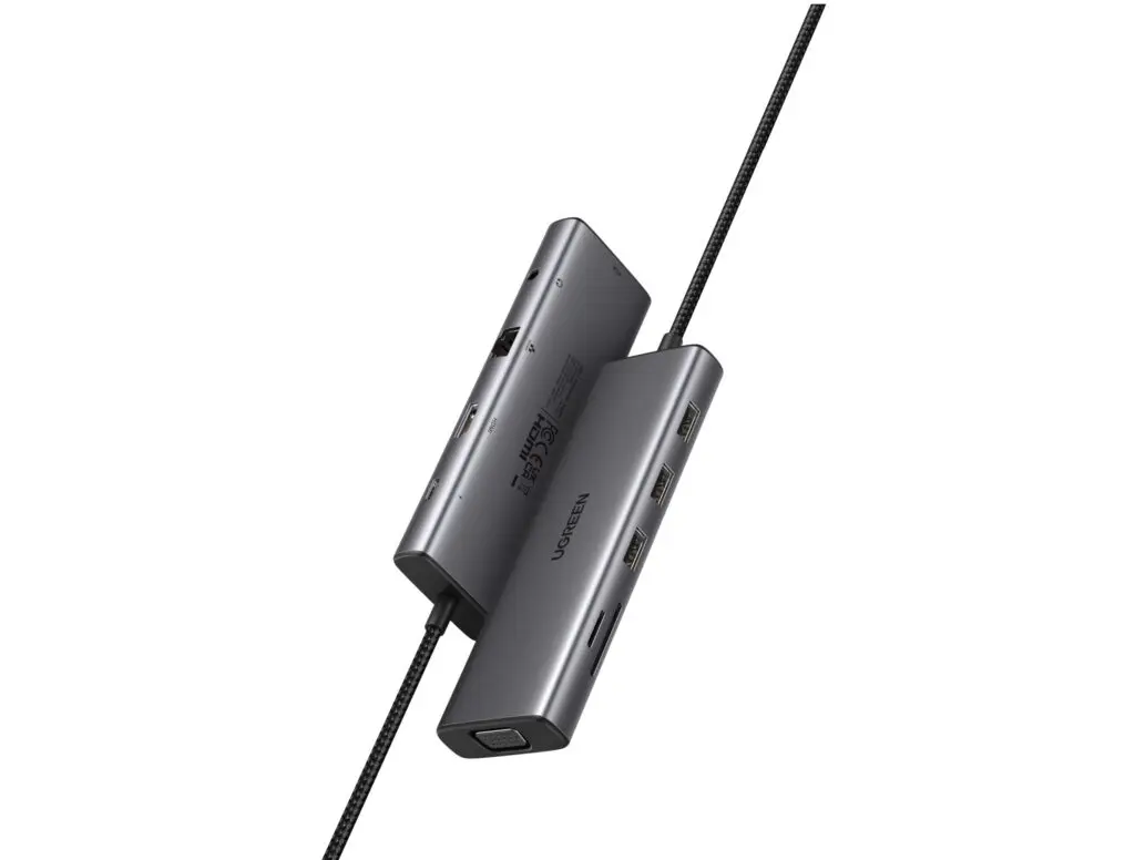 DOCKING Station Ugreen, „CM498” conec PC USB Type-C, HDMI(4K@30Hz), VGA, 3xUSB-A3.0, Gigabit RJ45, card reader SD/TF, jack 3.5mm, PD(100W), aluminiu, gri „15601” (timbru verde 0.8 lei)