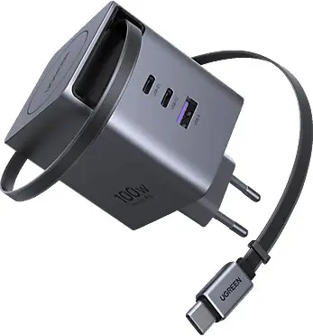 INCARCATOR retea Ugreen GaN „X616” Quick Charge 100W, 2 x USB Type-C, 1 x USB, 1 x cablu USB Type-C retractabil, gri „65828” (timbru verde 0.18 lei)