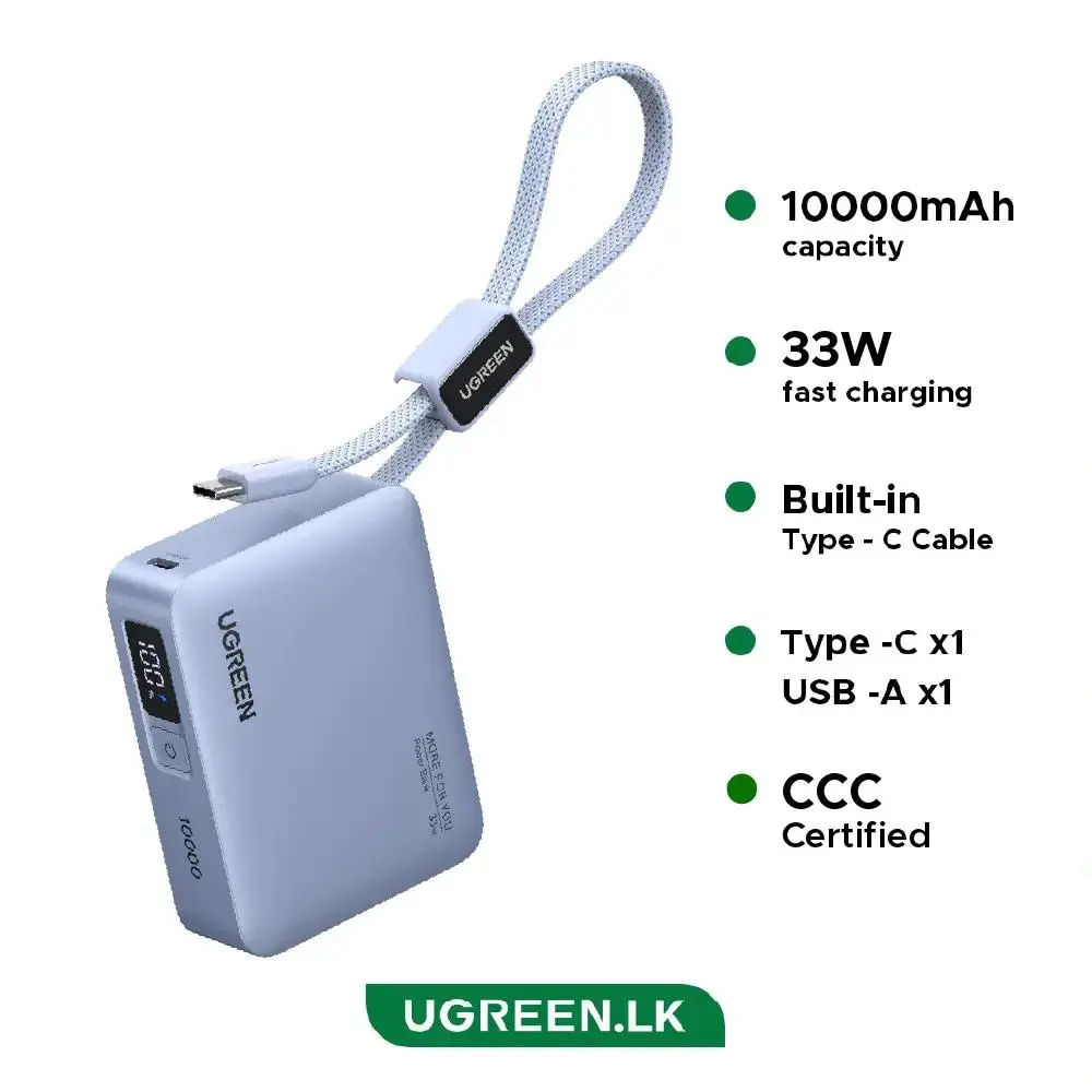 POWER BANK Ugreen „PB584”, 10000mAh, 33W, 1 x USB, 1 x USB Type-C, 1 x USB Type-C integrat, display, gri, „75173B” (timbru verde 0.98 lei)