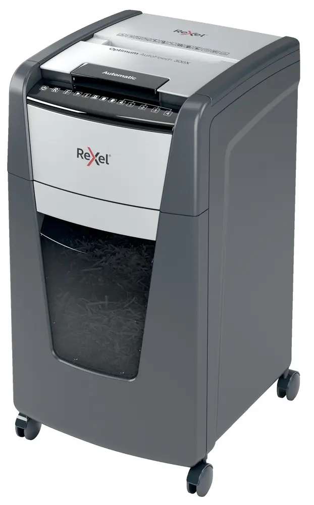 Distrugator automat documente Rexel OPTIMUM 300X , 300 coli, P4, cross-cut (tip confeti), cos  60 litri, negru-gri, „2020300XEU” (timbru verde 40 lei)