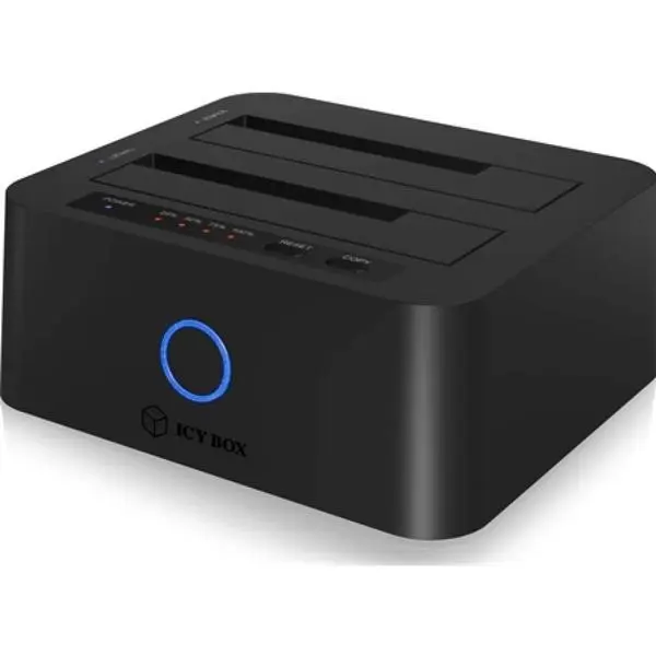 DOCKING STATION Icy Box, pentru clonat HDD/SSD 2.5″ si 3.5″ SATA, functie mirroring, 2 bay-uri, LED, negru, „IB-1232CL-U3” 9timbru verde 0.8 lei)