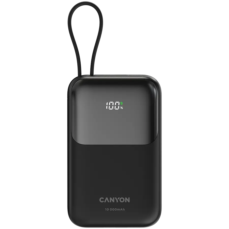 Power bank Canyon OnPower 101 10000 mAh PD 22.5W cablu USB-C integrat negru