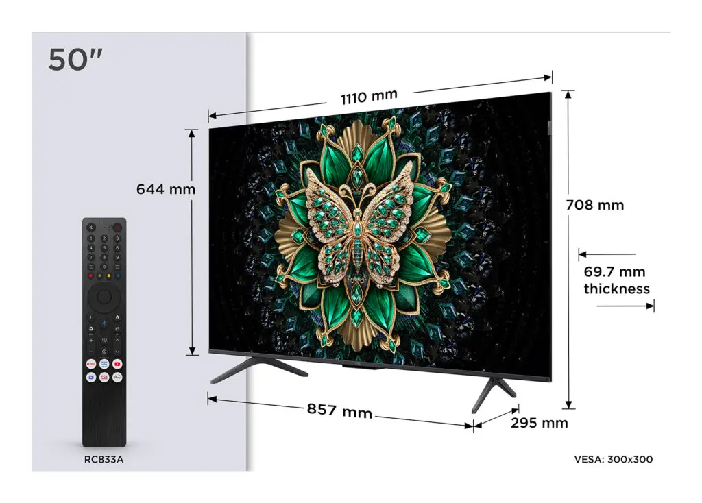 Televizor QD-MiniLED TCL 127 cm (50″) 50C69K, Ultra HD 4K, Smart TV, WiFi, CI+ „50C69K” (timbru verde 7 lei)