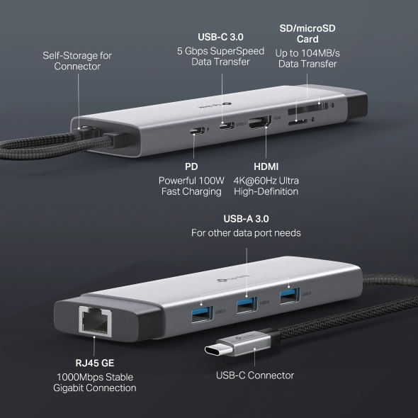 Hub USB Type-C TP-Link UHC, 9-in-1 , 1 x HDMI, 1 x RJ45, 3 x USB 3.0, 1 x USB-C, 1x PD USB-C 100W, cititor de SD si micro SD card, carcasa aluminiu 4 Hub USB Type-C TP-Link UHC, 9-in-1 , 1 x HDMI, 1 x RJ45, 3 x USB 3.0, 1 x USB-C, 1x PD USB-C 100W, cititor de SD si micro SD card, carcasa aluminiu - imagine 4