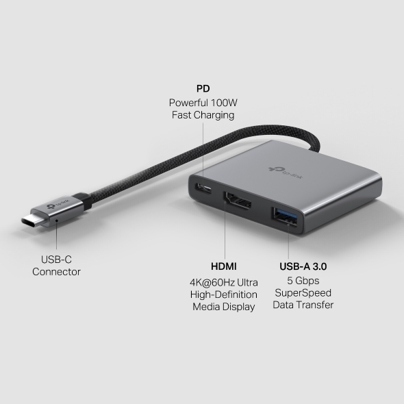 Hub USB Type-C TP-Link UH3020C, 3-in-1 , 1 x HDMI, 1 x PD USB-C 100W, 1 x USB 3.0, carcasa aluminiu 2 Hub USB Type-C TP-Link UH3020C, 3-in-1 , 1 x HDMI, 1 x PD USB-C 100W, 1 x USB 3.0, carcasa aluminiu - imagine 2
