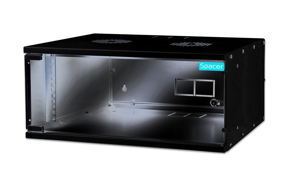 Cabinet 19″ Spacer 4U, fixare pe perete, dezasamblat, usa sticla cu blocare, otel 1.5mm, sarcina maxima 100Kg, Negru