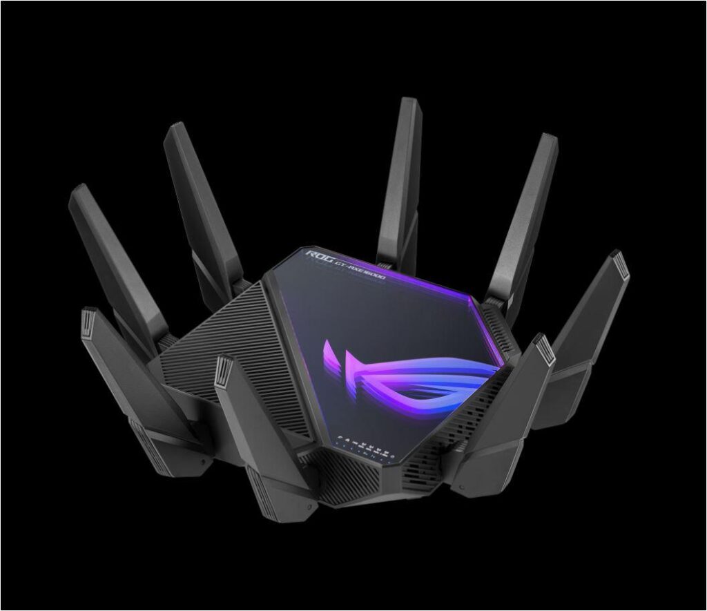 Router Gaming Wireless ASUS ROG Rapture GT-AXE16000, AXE16000, Quad-Band, Quad-Core 2.0GHz CPU, 256MB/2GB Flash/RAM, 10G dual-port, AiProtection Pro, Adaptive QoS, VPN Fusion, IPTV, OFDMA, MU-MIMO, Beamforming, Link Aggregation, RGB, AiMesh