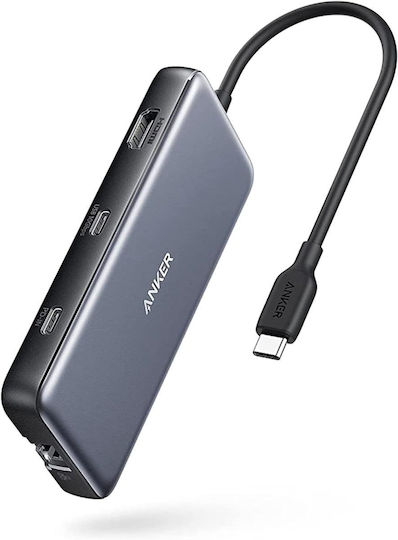 Docking Station Anker 555 8-in-1, porturi: 2 x USB-C, 2 x USB-A, HDMI 4K @60Hz, 1 x RJ-45 10 Gbps, PD 85W, conectare prin USB-C, gri