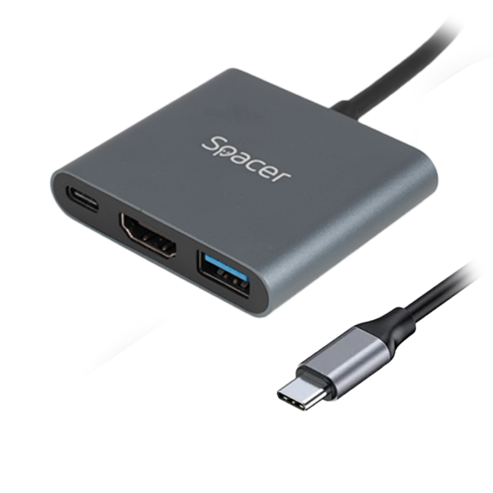 DOCKING Station Spacer universal 3 in 1, conectare Type-C USB 3.1, USB 3.0 x 1, porturi video HDMI x 1, 4K (30Hz), PD 87W, aluminiu, Gri, 45507058 „SPDS-TypeC-HUP-3in1” (timbru verde 0.18 lei)