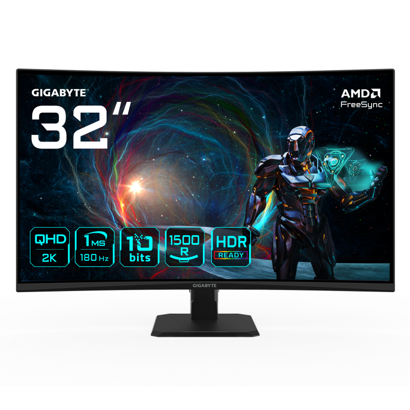 Monitor Gaming VA LED Gigabyte 31.5″ GS32QCA, QHD (2560 x 1440), HDMI, DisplayPort, Ecran curbat, 180 Hz, 1 ms (Negru)
