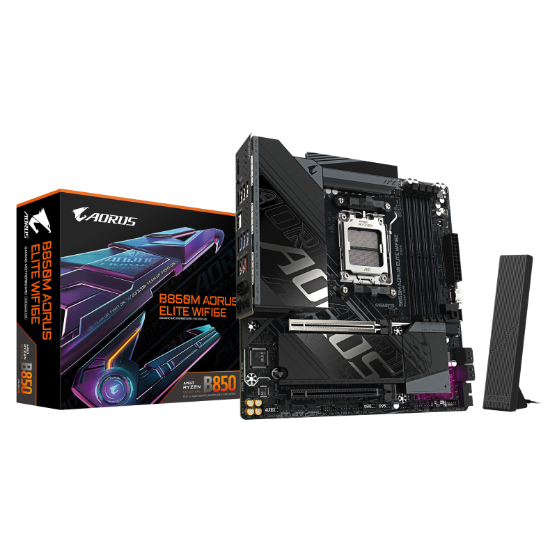 Placa de baza GIGABYTE B850M AORUS ELITE WIFI6E, AM5, DDR5, Wi-Fi, BT, mATX, Negru