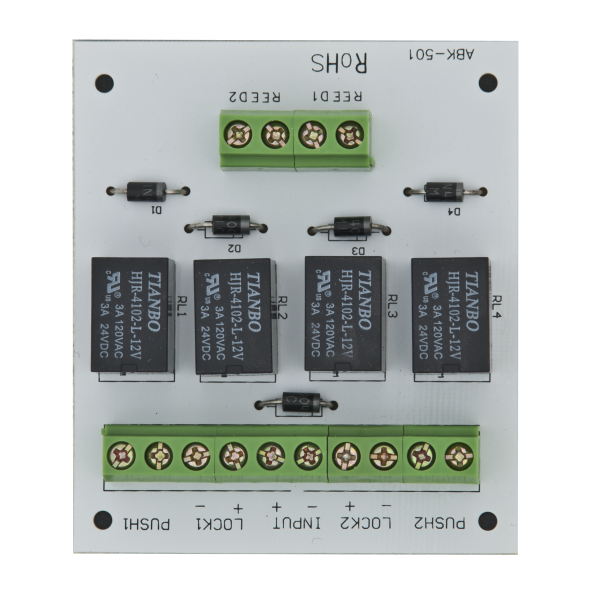 Modul electronic pentru doua usi cu incuietori tip fail-safe cu monitorizare sau buton