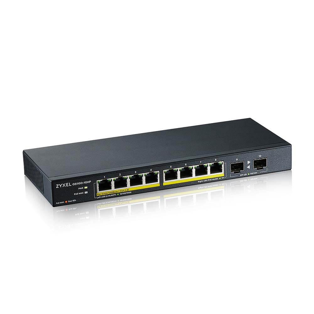 Switch Zyxel GS1100-10HP 10 porturi (8 X Gigabit PoE+ cu 2 X Gigabit SFP) Unmanaged 130 watt 246 mm x 65 mm Negru