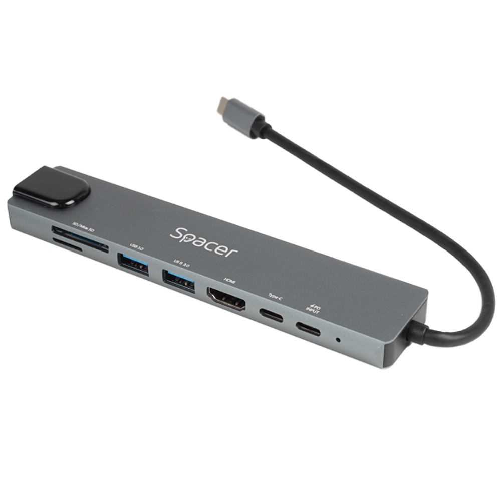 Docking station universal 8 in 1, Spacer, conectare Type-C, USB 3.0 x 2|USB Type C x 1|PD 87W x 1|HDMI x 1 4K (30Hz)|RJ-45 (1000MHz/s)| SD Cardx1| TF (MicroSD)x1, aluminiu, gri