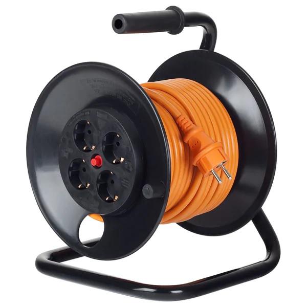 Prelungitor cu tambur Bachmann 4xSchuko, termosiguranta, cadru metalic, IP20, cordon HO5VV-F 3G2.5mm², 25m, Orange