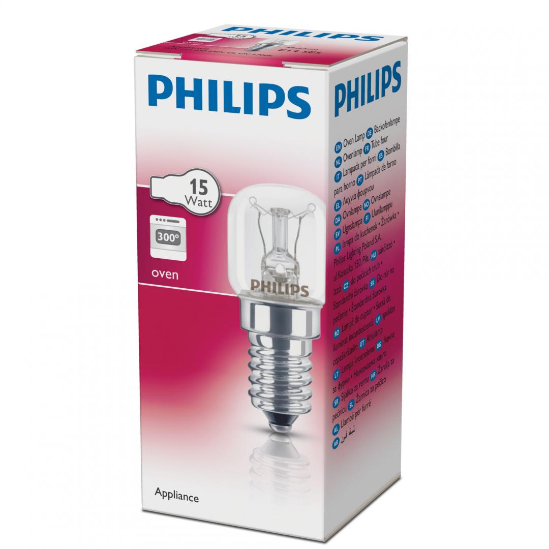 Bec incandescent pentru cuptor (tubular) Philips T22, E14, 15.4W, 90 lm, lumina calda (2700K), temperatura 300 °C, 230-240V, clasa energetica G 1 Bec incandescent pentru cuptor (tubular) Philips T22, E14, 15.4W, 90 lm, lumina calda (2700K), temperatura 300 °C, 230-240V, clasa energetica G