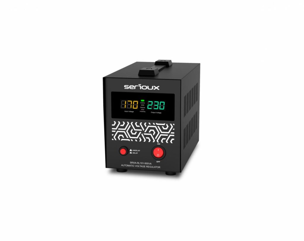 Stabilizator automat de tensiune cu releu Serioux, 500VA, IP20, protectie tensiune scazuta, supratensiune, scurtcircuit, supraincalzire