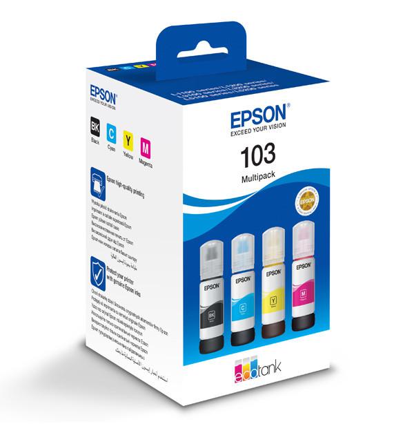 Pachet cerneala Epson 103 Original EcoTank, 4 culori: negru (60ml), cyan (60ml), magenta (60ml), galben (60ml), pt Epson EcoTank L1200, L3200, L3500, L5290, L5300, L5590