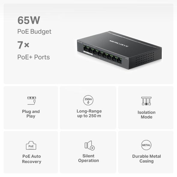 Switch PoE Mercusys Desktop, MS108GP, 8 porturi Gigabit, din care 7 porturi PoE 65W buget PoE 2 Switch PoE Mercusys Desktop, MS108GP, 8 porturi Gigabit, din care 7 porturi PoE 65W buget PoE - imagine 2