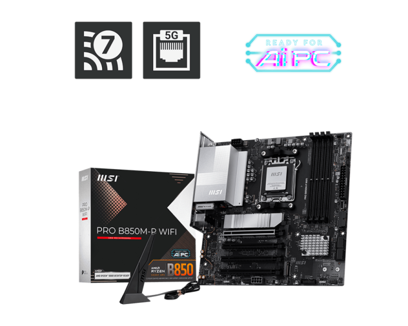 Placa de bază MSI PRO B850M-P WIFI, mATX, Bluetooth, 4 sloturi memorie, neagră