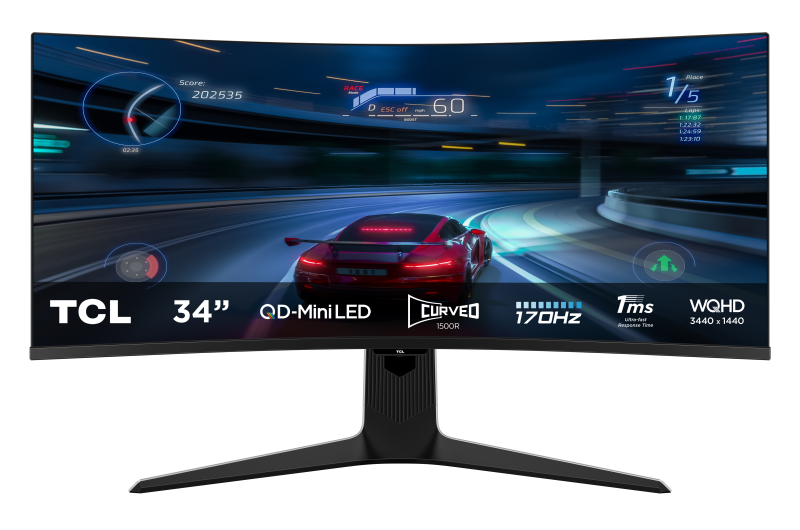 Monitor Gaming Curbat QD-Mini LED TCL 34R83Q, 34″, UWQHD (3440×1440), 170Hz, 1ms, AMD FreeSync™ Premium, NVIDIA G-Sync™ Compatible, HDR1400,Ambient light, Pantone Validated, 1500R, Boxe 3W x2, KVM, USB Type-C 90W, Hub USB, 2x HDMI, Display Port, Pivot,alb
