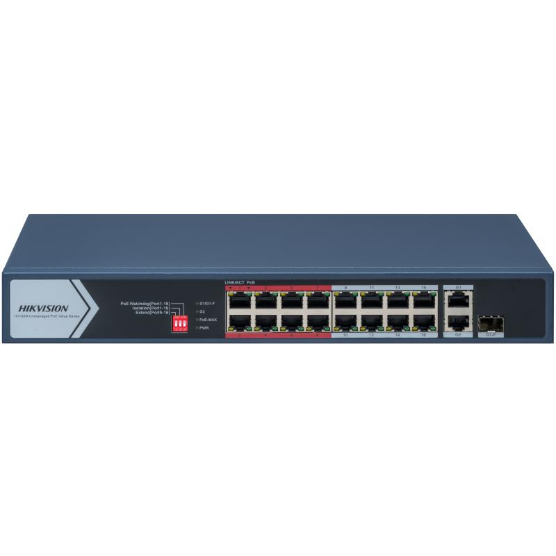 Switch PoE Hikvision DS-3E0318P-E/M(C): 16 × 10/100 Mbps PoE port,1× Gigabit RJ45 port,1 × Gigabi