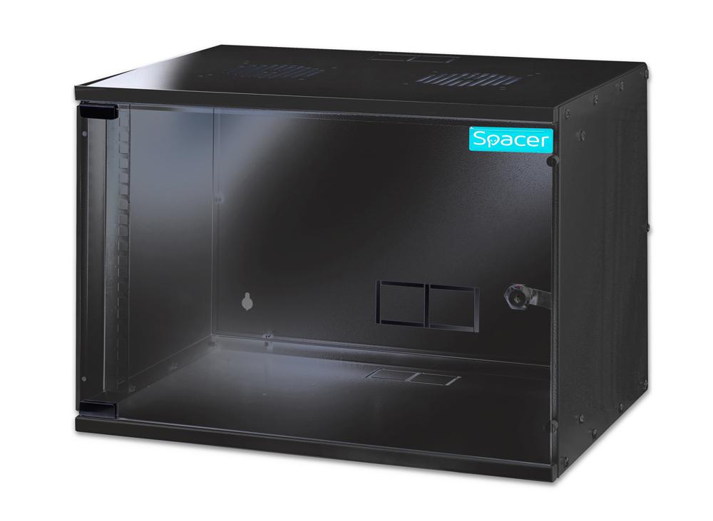 Cabinet 19″ Spacer 7U, fixare pe perete, dezasamblat, usa sticla cu blocare, otel 1.5mm, sarcina maxima 100Kg, Negru