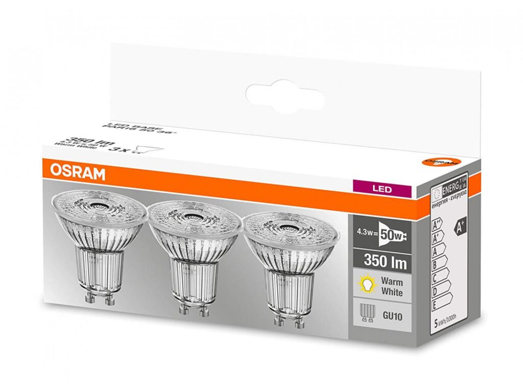 Set 3 becuri LED Osram Base Par16 50, GU10, 4.3W (50W), 350 lm, lumina calda (2700K), clasa energetica F