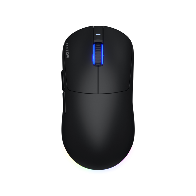 Mouse wireless Hator Quasar 3, 12K DPI, conectivitate 2.4GHz, bluetooth si USB, switch HATOR Optical 100M, side switch Huano 3M, iluminare RGB 16.8M, negru