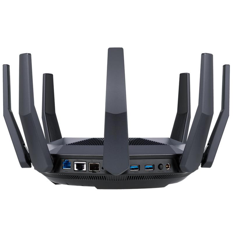 Router Gaming Wireless ASUS RT-AX89X, AX6000, 8×8 Dual-Band, Quad-Core 2.2GHz CPU, 256MB/1GB Flash/RAM, 10G port, SFP+ port, AiProtection Pro, Adaptive QoS, VPN server/client, IPTV, OFDMA, MU-MIMO, Beamforming, Link Aggregation, Port forwarding, AiMesh
