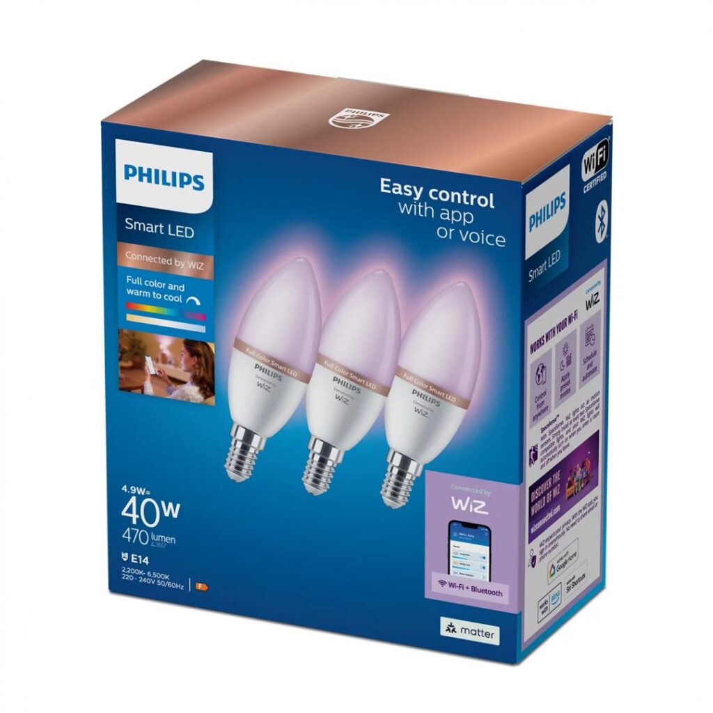 Pachet 3 becuri LED RGB inteligente Philips Smart C37, Wi-Fi/Bluetooth, E14, 4.9W (40W), lumina alba si colorata (2200-6500K), clasa energetica F