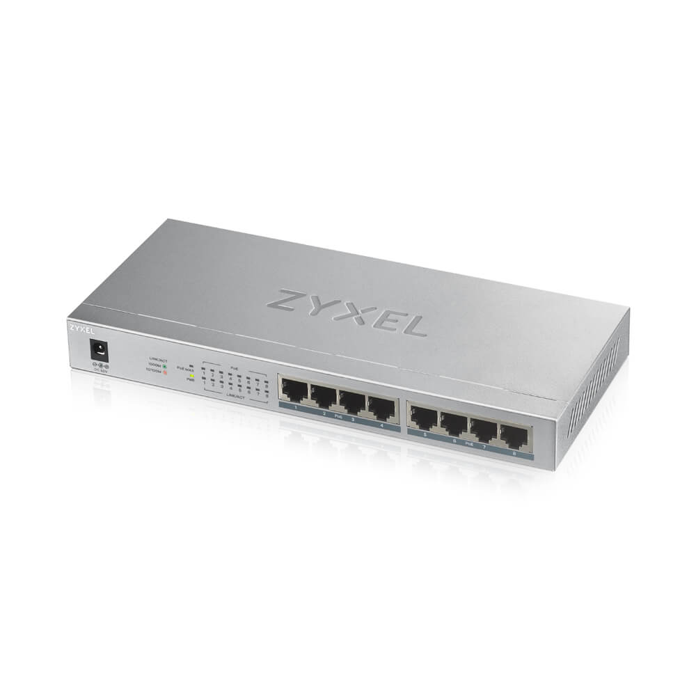 Switch Zyxel GS1008-HP 8 porturi Gigabit PoE+ Unmanaged 60 watt 132 mm x 78 mm Gri