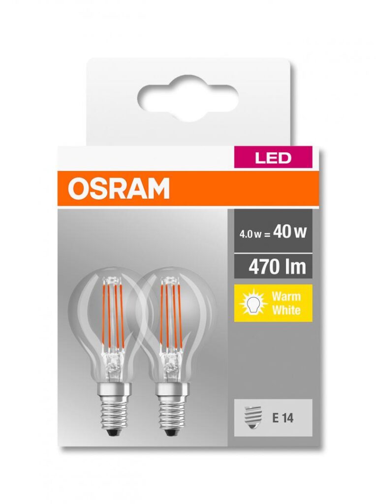 Set 2 becuri LED Osram P40, E14, 4W (40W), 470 lm, lumina calda