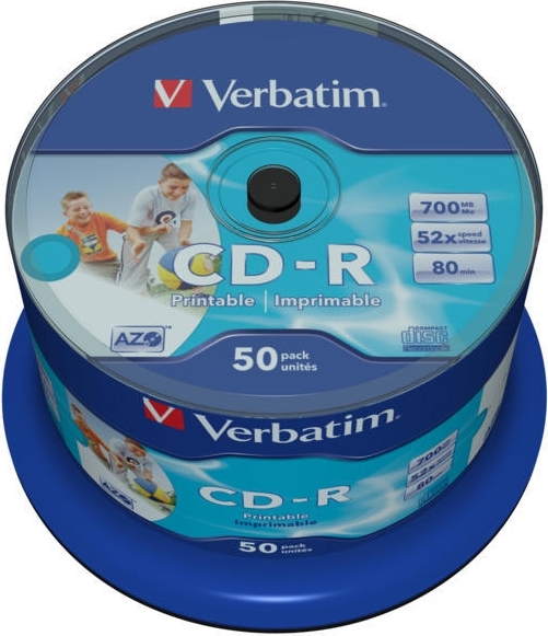 CD-R VERBATIM  700MB, 80min, viteza 52x,  50 buc, spindle, printabil, „AZO Wide Inkjet Printable” „43438”
