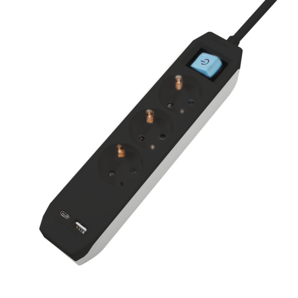Prelungitor Spacer PP-3-45B-TC-USB, USB Type-C x1, USB x 1, 3.1A, 3 prize, intrerupator, protectie copii, 16A, 4.5m, Negru