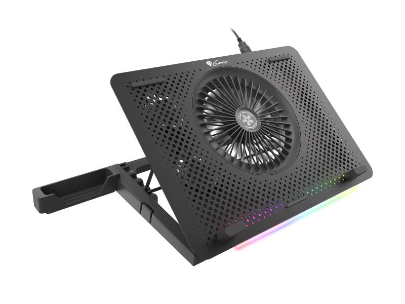 Cooler Laptop Genesis OXID 450, Max. 15.6″, Cooling Pad 5 Ventilatoare, Flux de Aer 70 CFM, Unghi Ajustabil 5 Pozitii, Iluminare LED RGB, Suport Telefon Detasabil, Negru