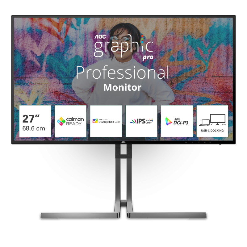 Monitor AOC LED Nano IPS 27″, 4K UHD, 60Hz, 4ms GtG, HDMI 2.0, DP 1.4, USB Type-C, DCI-P3 98%, FlickerFree, Low Blue, Speakers, Pivot, USB hub, Negru, U27U3CV