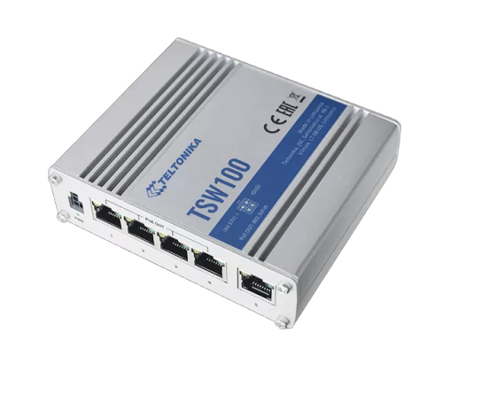 SWITCH Teltonika POE+ „TSW100”, 5 x LAN port 10/100/1000 Mbps PoE+, buget PoE 120W „TSW100000000” (timbru verde 0.8 lei)
