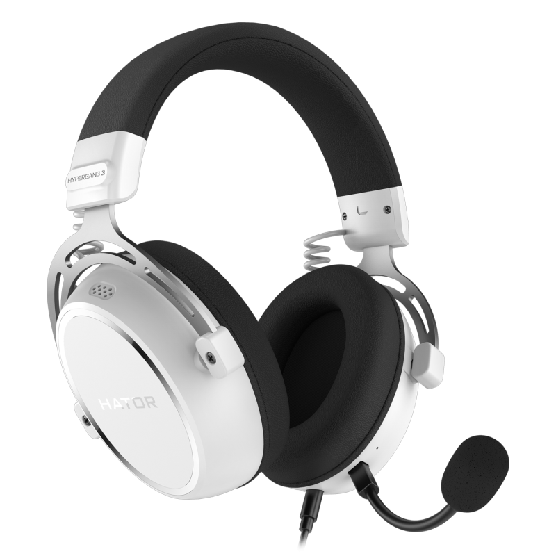 Casti gaming cu fir Hator Hypergang 3, material membrana compozit, frecventa raspuns 10Hz-44kHz, impendanta 32Ω, putere maxima 30mW, microfon detasabil unidirectional, alb