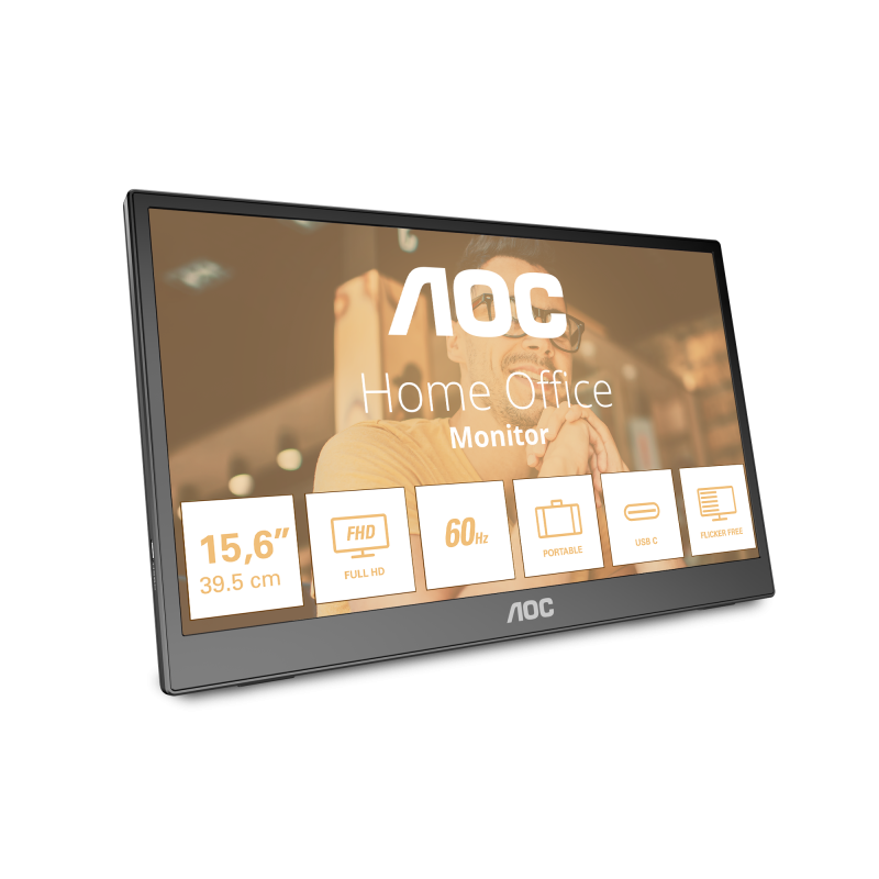 Monitor Portabil LED IPS AOC 15.6″, Full HD (1920×1080), 60Hz, 4ms, Flicker Free, USB Type-C, Jack, 16T3EA, negru