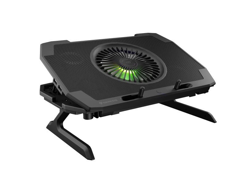 Cooler Laptop Genesis OXID 850, Max. 17.3″, Cooling Pad 5 Ventilatoare, Viteza Reglabila, Flux de Aer 70 CFM, Unghi Ajustabil 6 Pozitii, USB Suplimentar, Iluminare LED RGB, Negru