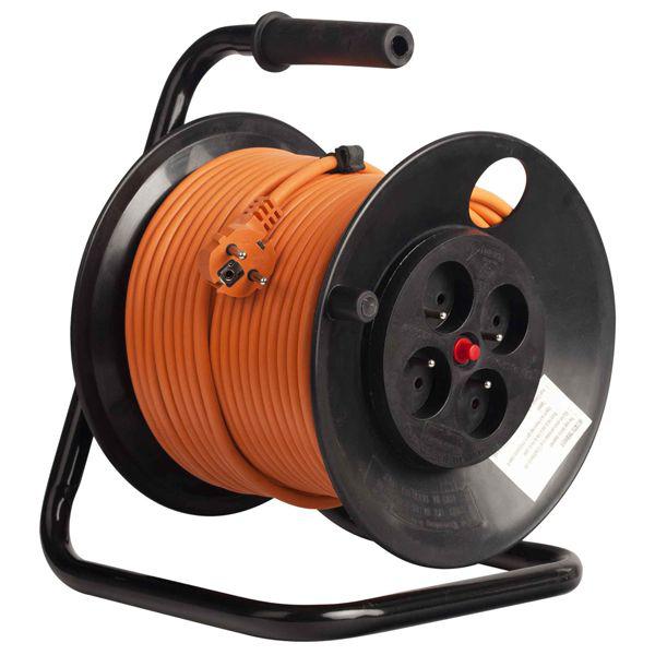 Prelungitor cu tambur Bachmann, 4 prize, protectie copii, termosiguranta, cadru metalic, IP20, cordon HO5VV-F 3G1.5mm², 50m, Orange