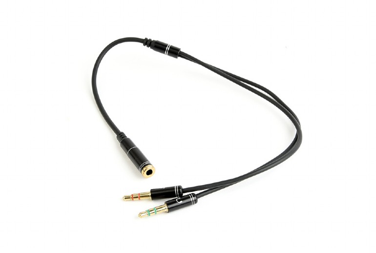Cablu audio Gembird splitter stereo 2 x 3.5 mm jack T la 1 x 3.5 mm jack M, 20cm, Negru CCA-418M