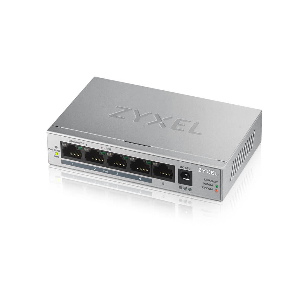Switch Zyxel GS1005-HP 5 porturi Gigabit PoE+ Unmanaged 60 watt 134 mm x 79 mm Gri