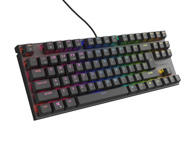 Tastatura Mecanica Gaming cu fir Genesis THOR 303, OUTEMU Red Switch, Hot Swap, Tip TKL Compact Carry-On, FULL Anti-Ghosting, Software, Taste Iluminate RGB LED, Cablu Braided 1.8m, 2 Contacte Mecanice Suplimentare, Aluminiu